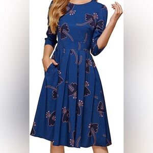 Chic Navy Blue and Pink Floral Long Sleeve Dress